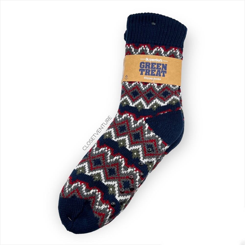 Green Treat Navy Red White Printed Slipper Socks Men’s Size 8-12